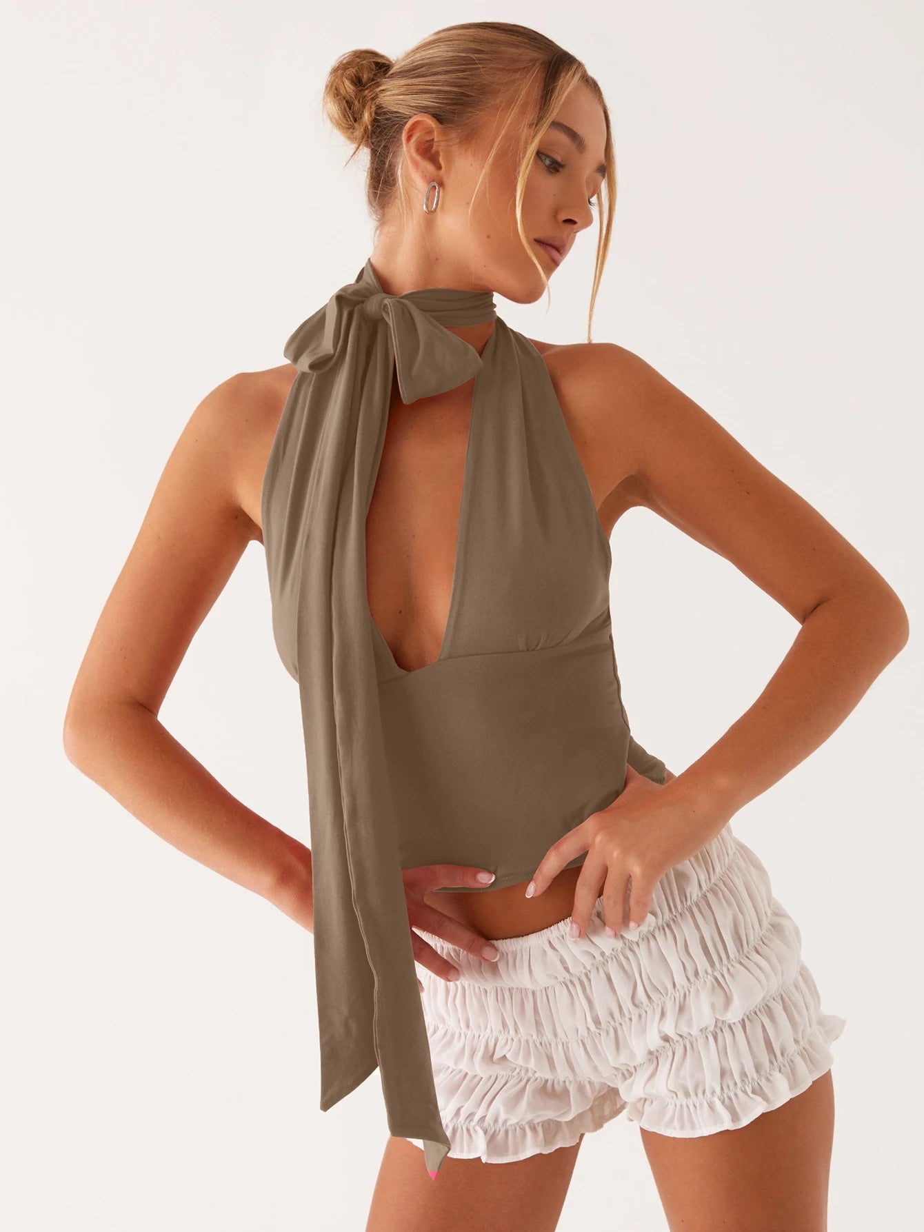 Women's Scarf Tie Polyester Blend Halter Crop Top with Deep V Neck