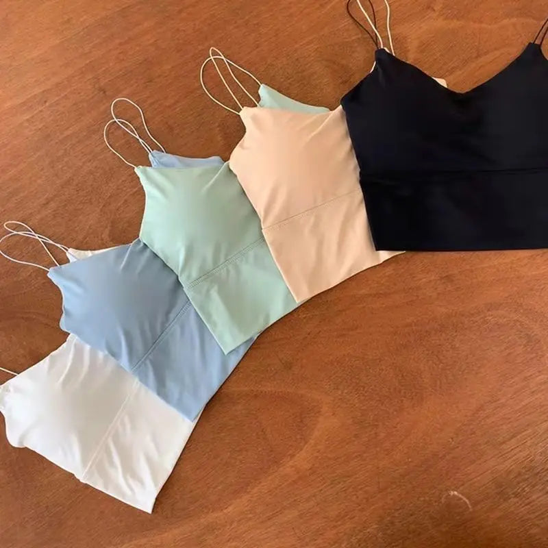 Women's Scoop Neck Crop Top with Thin Shoulder Straps and Built-In Padding