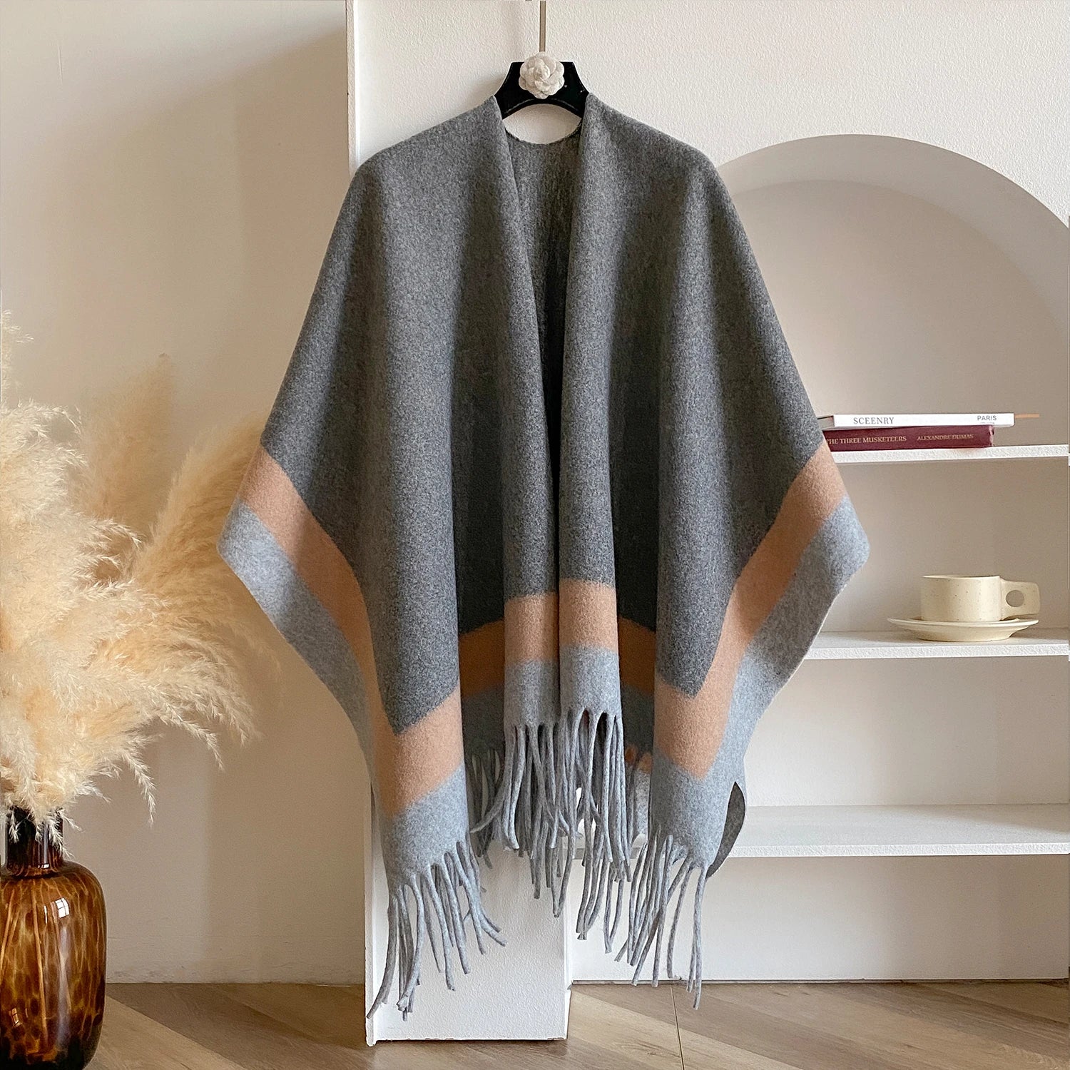 Block Stripe Fringe Poncho for Layering over Outfits