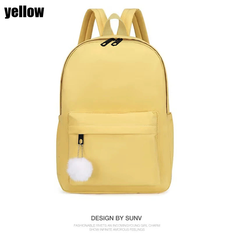 Solid Colour Backpack with Front Pocket and Fluffy Ball Decoration