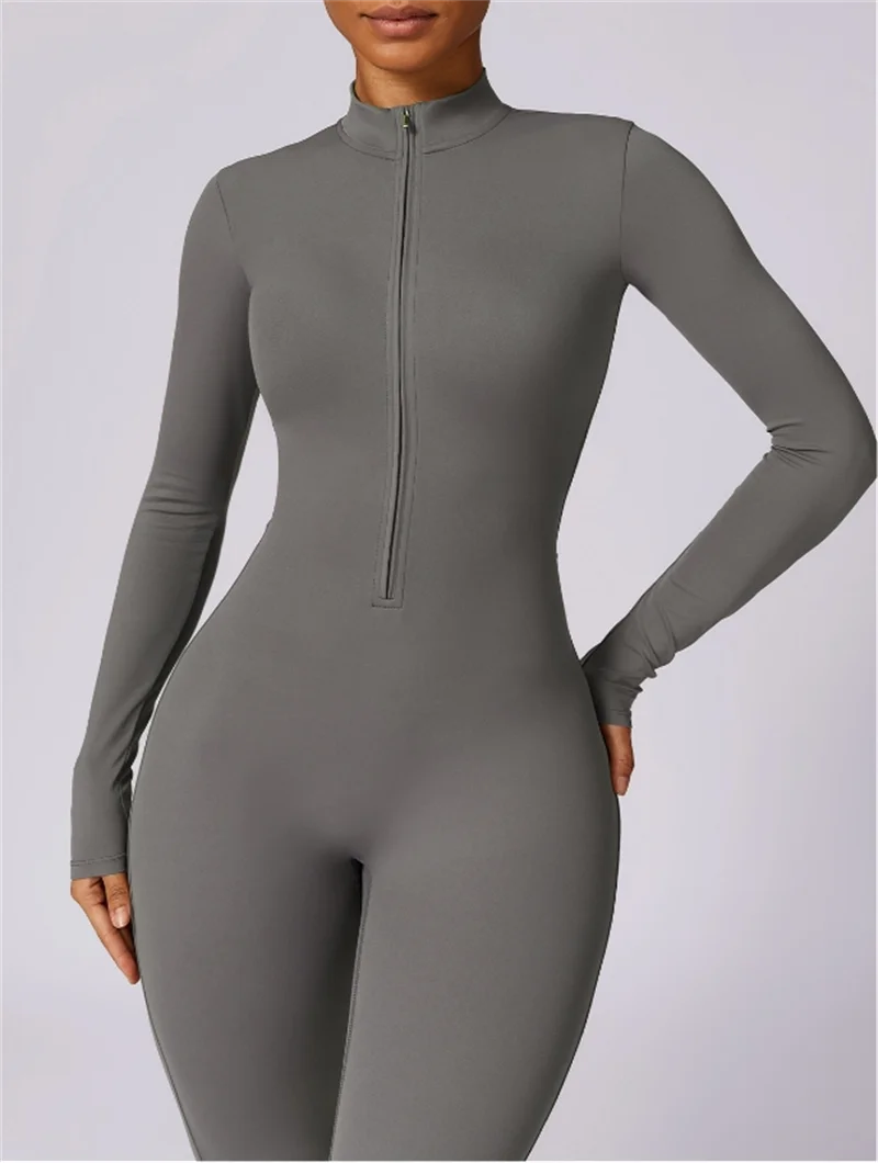Women's Long Sleeve Nylon Blend Workout Jumpsuit with Half Zip Collar