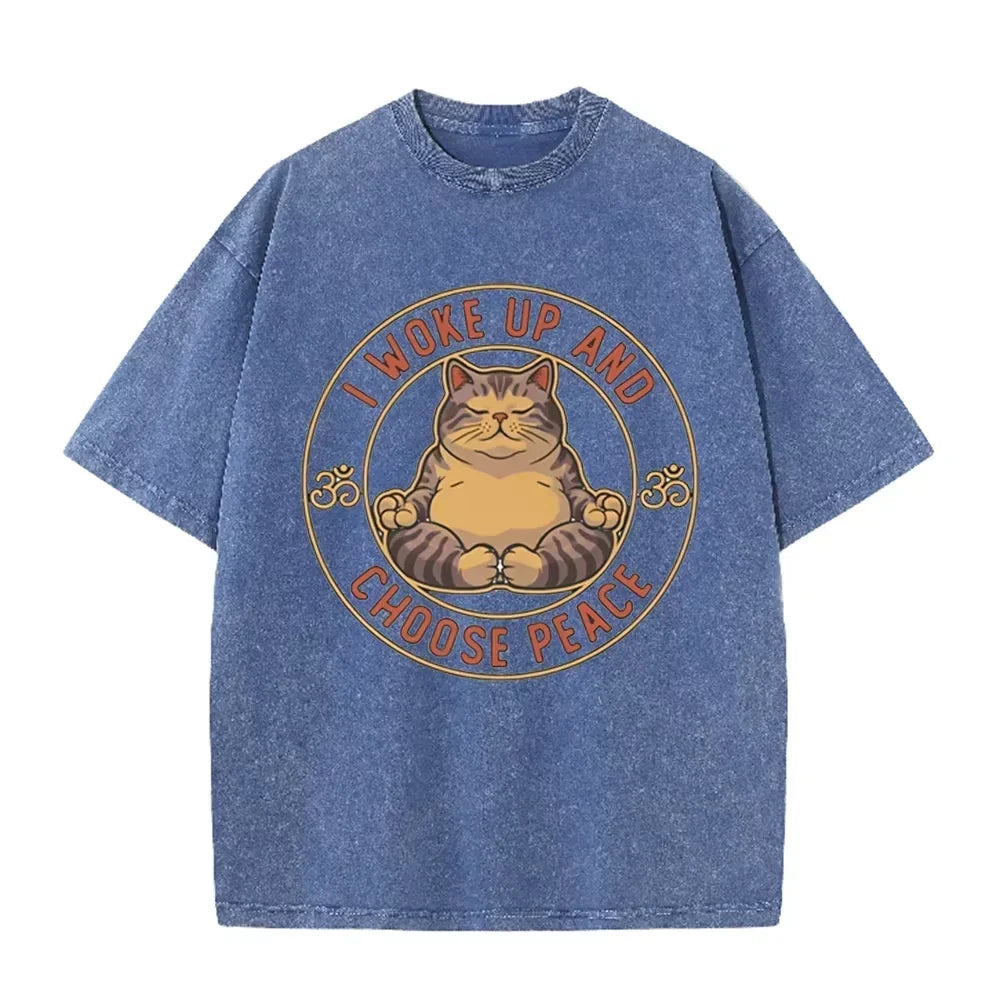 Retro Beige Zen Yoga Tabby Cat Om Symbol Acid Wash Oversized Streetwear Tee