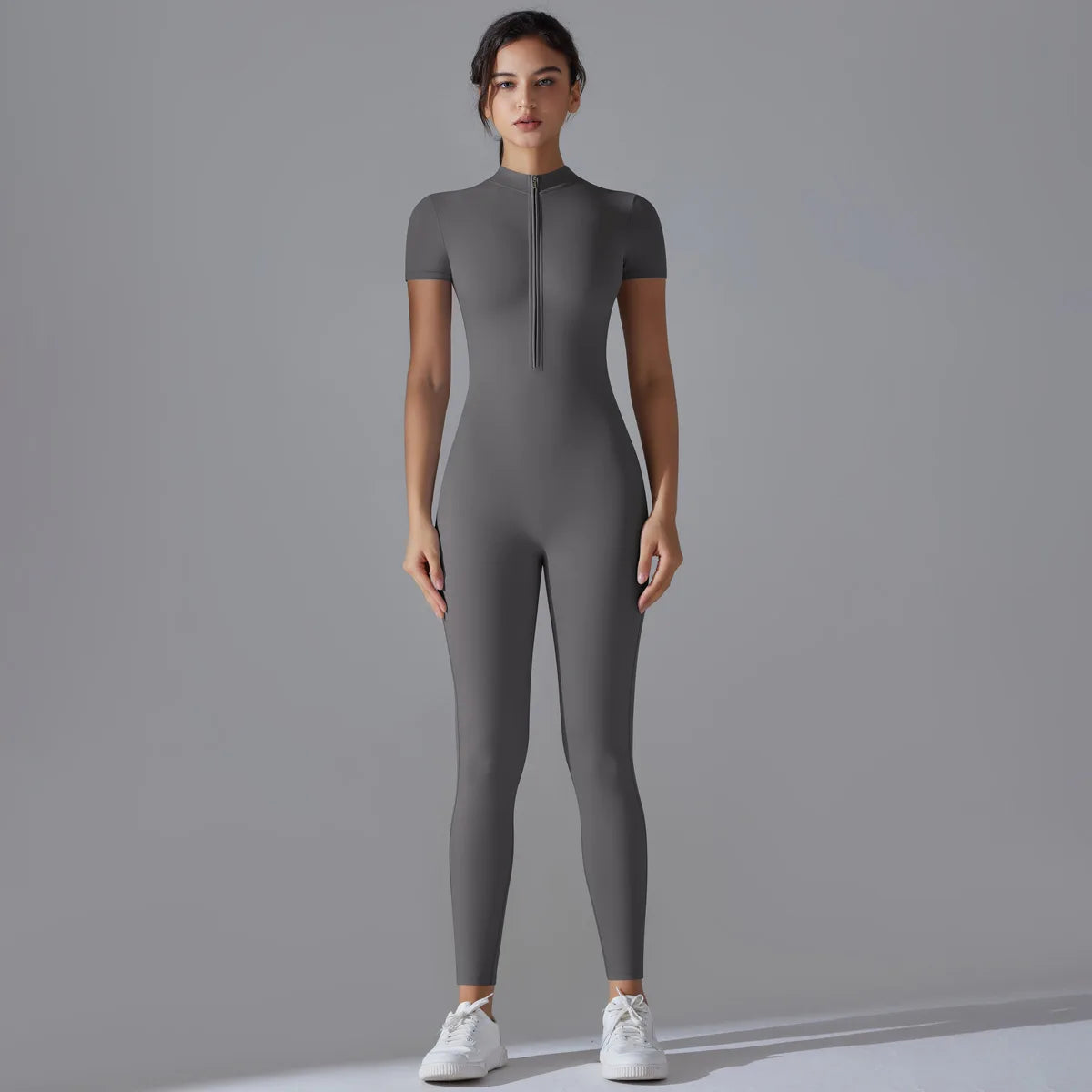 Women's Zip-Front Short-Sleeve Workout Jumpsuit