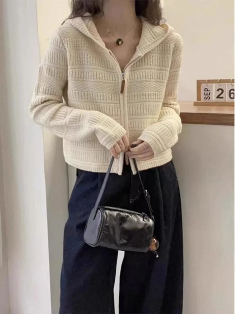Autumn and Winter Thickened 100% Pure Wool Women's Hooded Knit Cardigan Loose Sweater Coat with Double Zippers Short Style