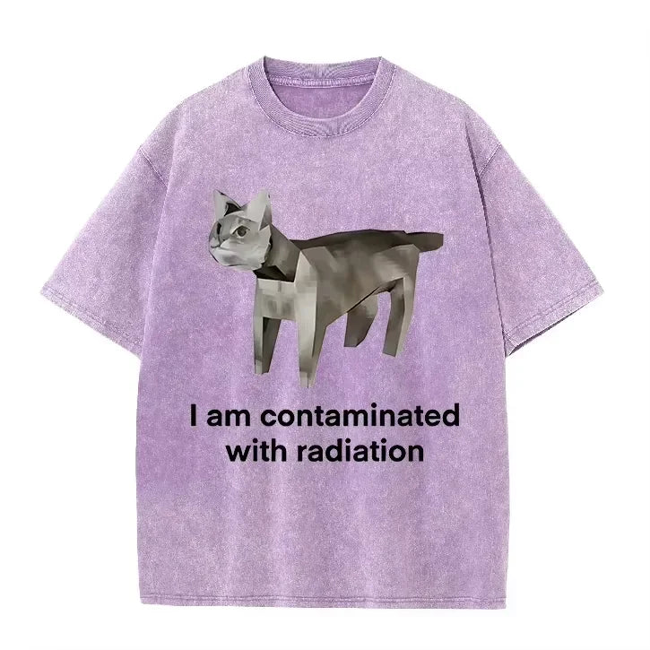 Vintage Washed Green Low Poly Radiation Cat I Am Contaminated Funny Meme Casual T Shirt