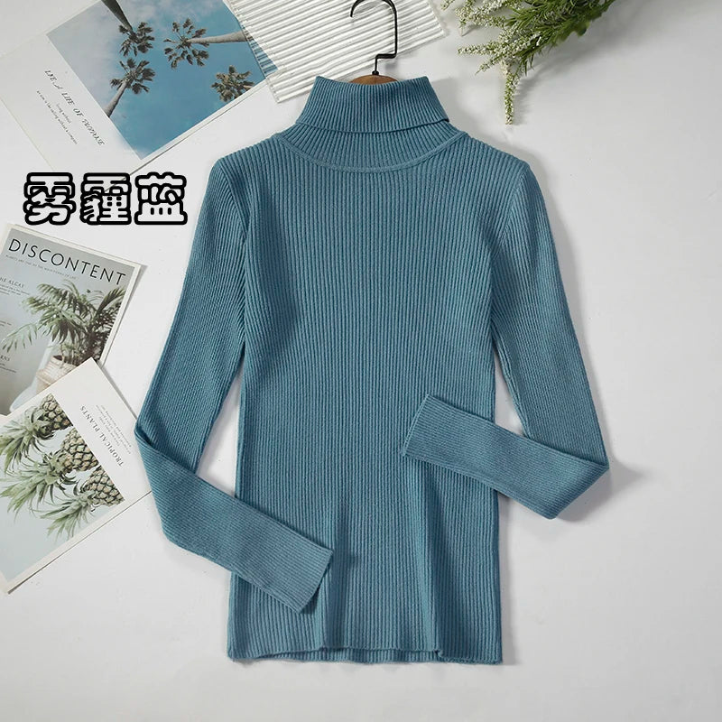 Women's Ribbed Roll Neck Long Sleeve Sweater Casual Knit Layer