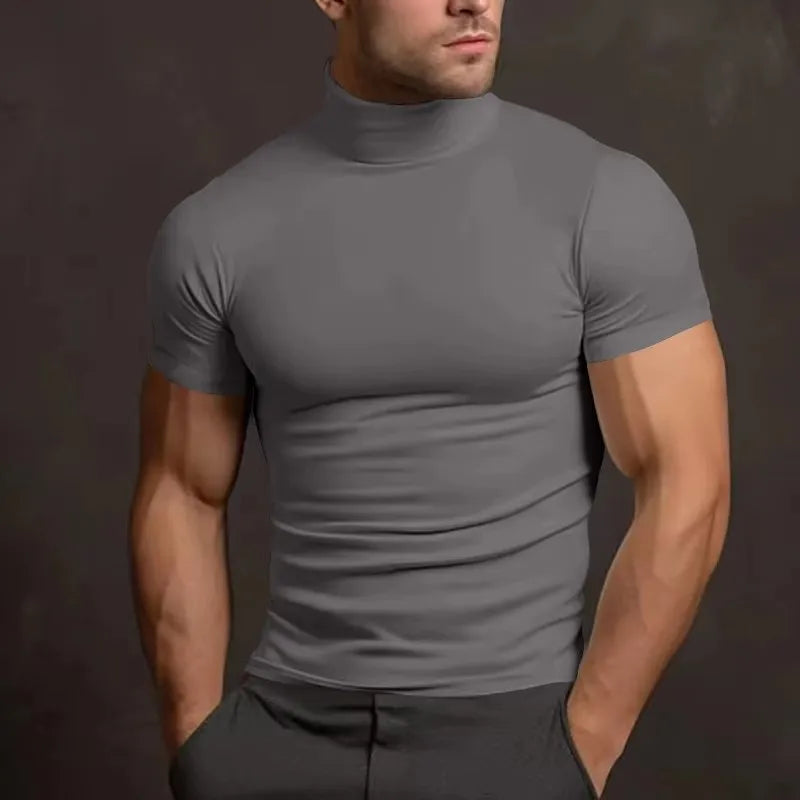 Solid Mock Neck Short Sleeve Fitted Compression T Shirt