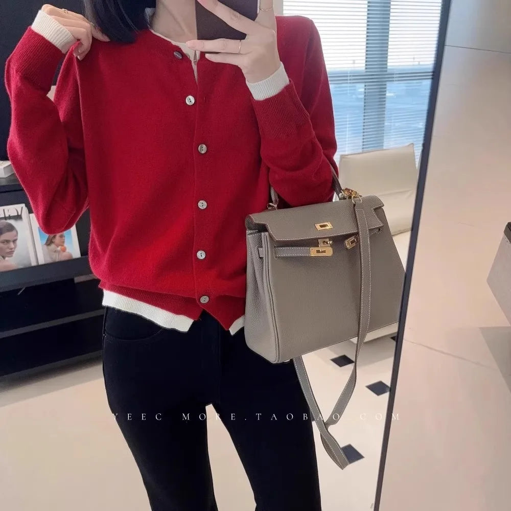 Fake two 100% pure cashmere sweater cardigan dark grey high-grade wool knit coat top