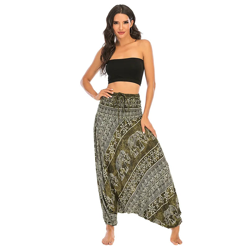 Women's Printed Rayon Harem Pants with Elastic Waist and Convertible Styling