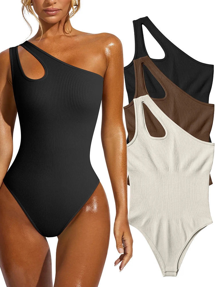 Women's One Shoulder Ribbed Nylon Blend Bodysuit with Strap Cutout