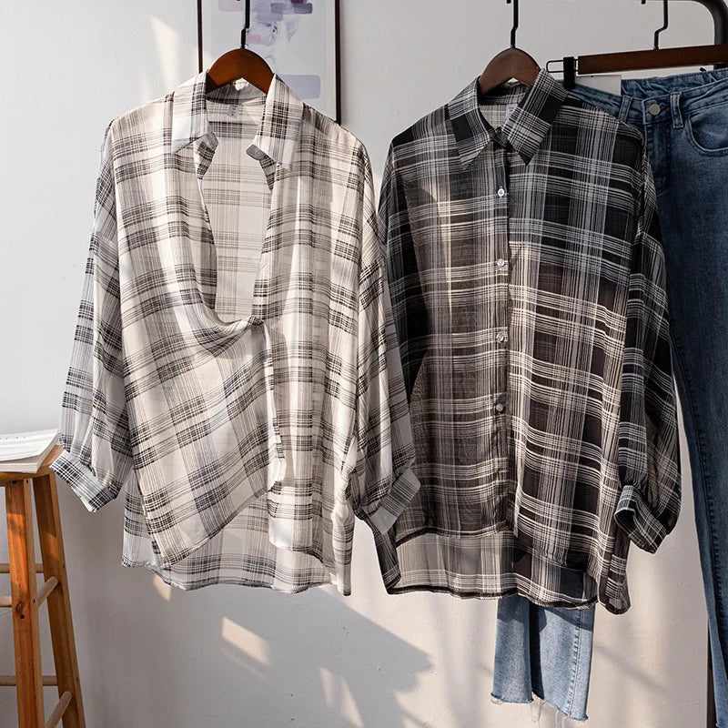 Women's Sheer Checked Short Sleeve Button Front Shirt