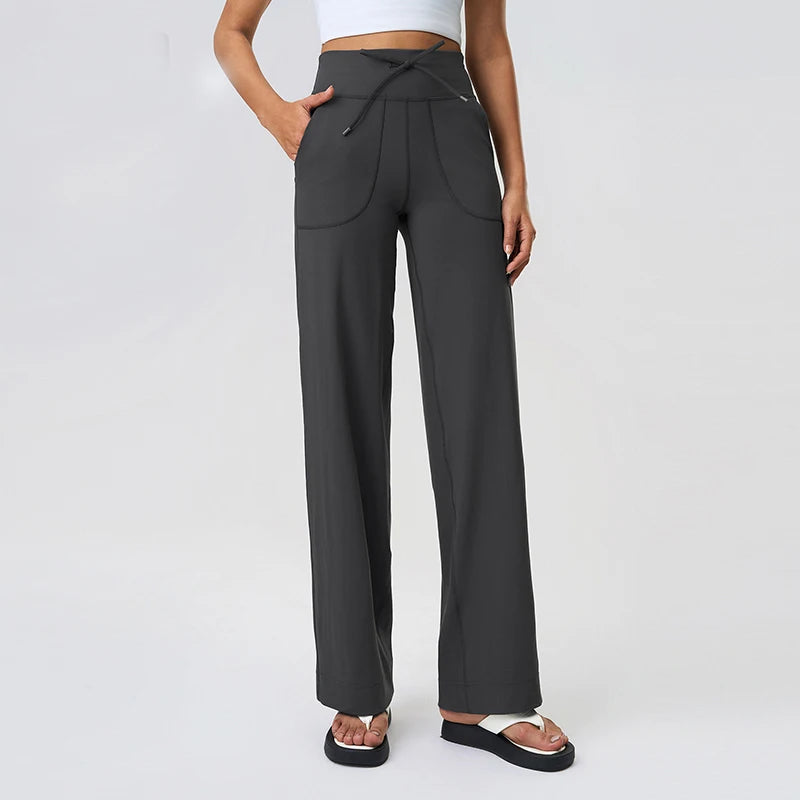 Women's Drawstring Waist Nylon Blend Wide Leg Pants with Length Options