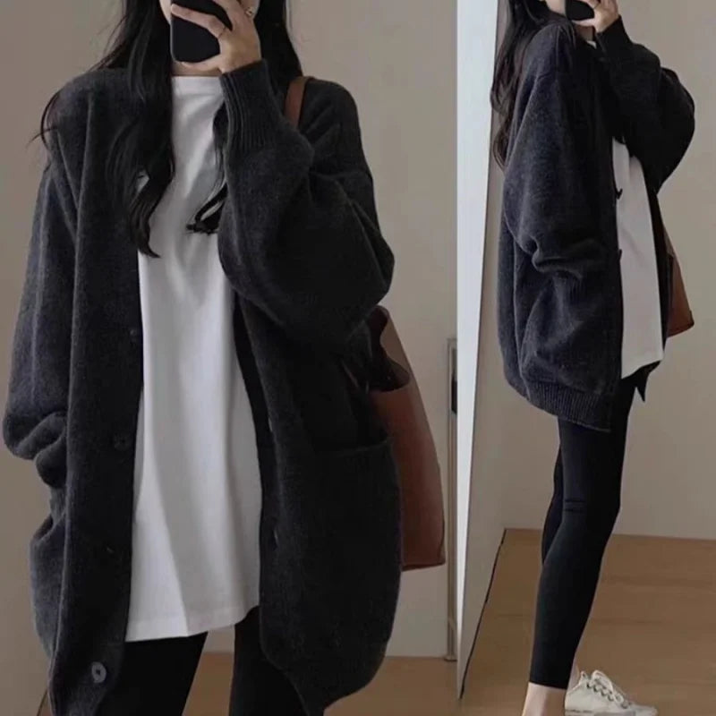 Elegant Versatile Round Neck Women's Autumn/Winter Loose Long-line Base Layer Sweater Wool Coat & Cashmere Knitted Cardigan