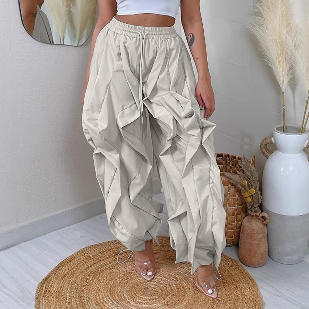 Women's Ruched Cargo Pants with Drawstring Waist and Gathered Cuffs