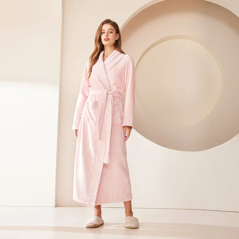 Long Flannel Fleece Tie Waist Bathrobe with Pockets
