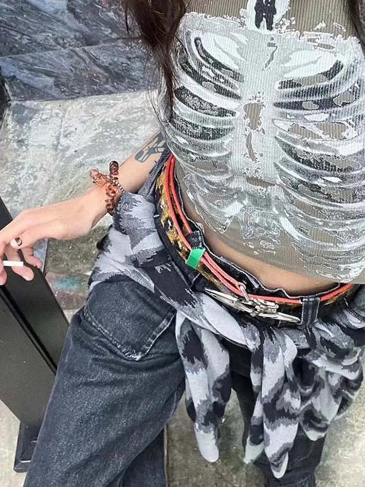 Women's Skeleton Ribcage Print Cotton Blend Crop Tank with Contrast Binding