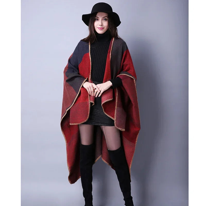 Patterned Fringed Open Front Poncho for Layering over Outfits