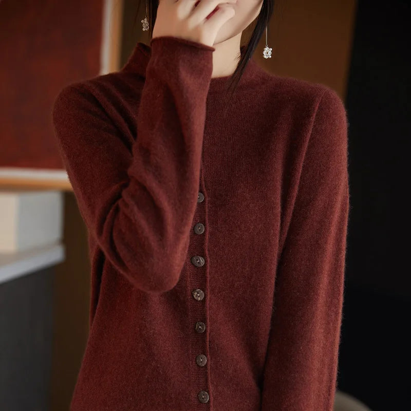 Women's Wool Solid Long-Sleeve Button-Front Knit Cardigan for Autumn Winter Layered Outfits
