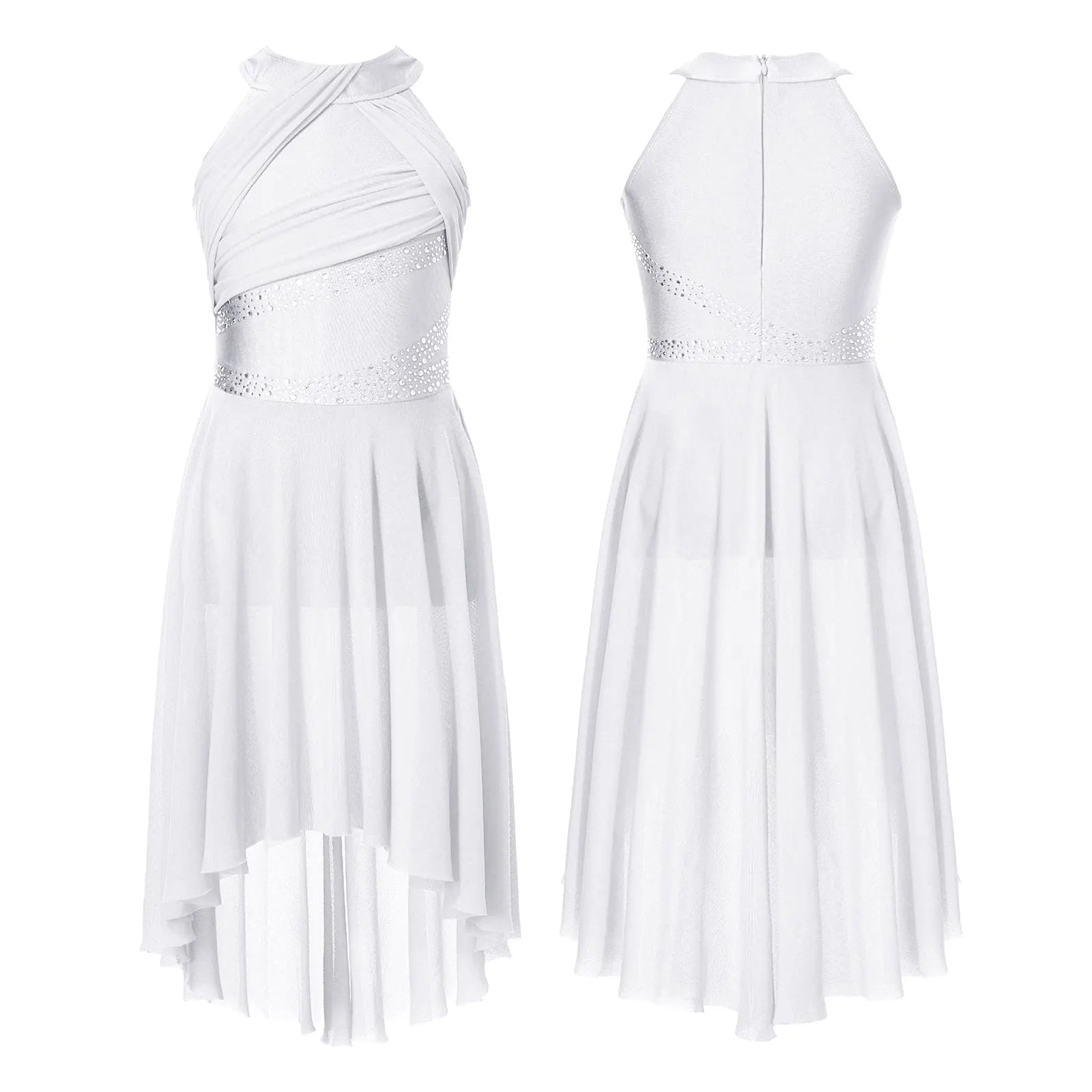 Girls' Sleeveless Rhinestone Ballet Dress with Asymmetric Mesh Skirt Overlay