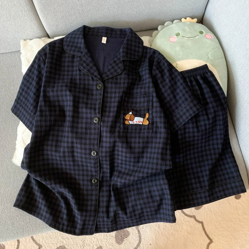Women's Dog Motif Checked Button Front Pajama Set with Top and Shorts