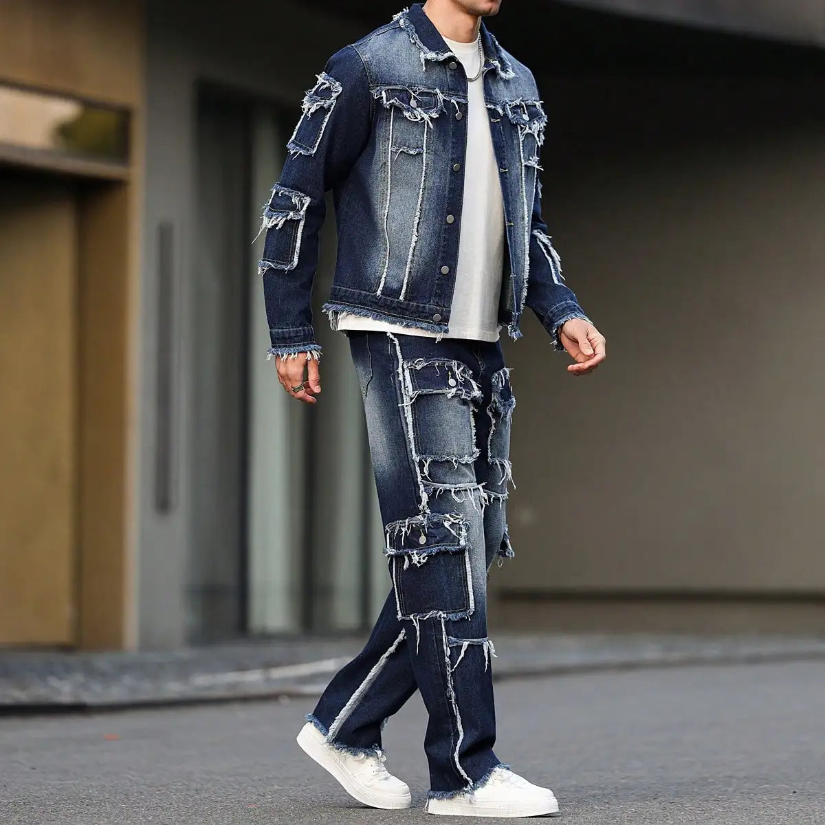 Men's Distressed Denim Jacket and Wide-Leg Pants Set