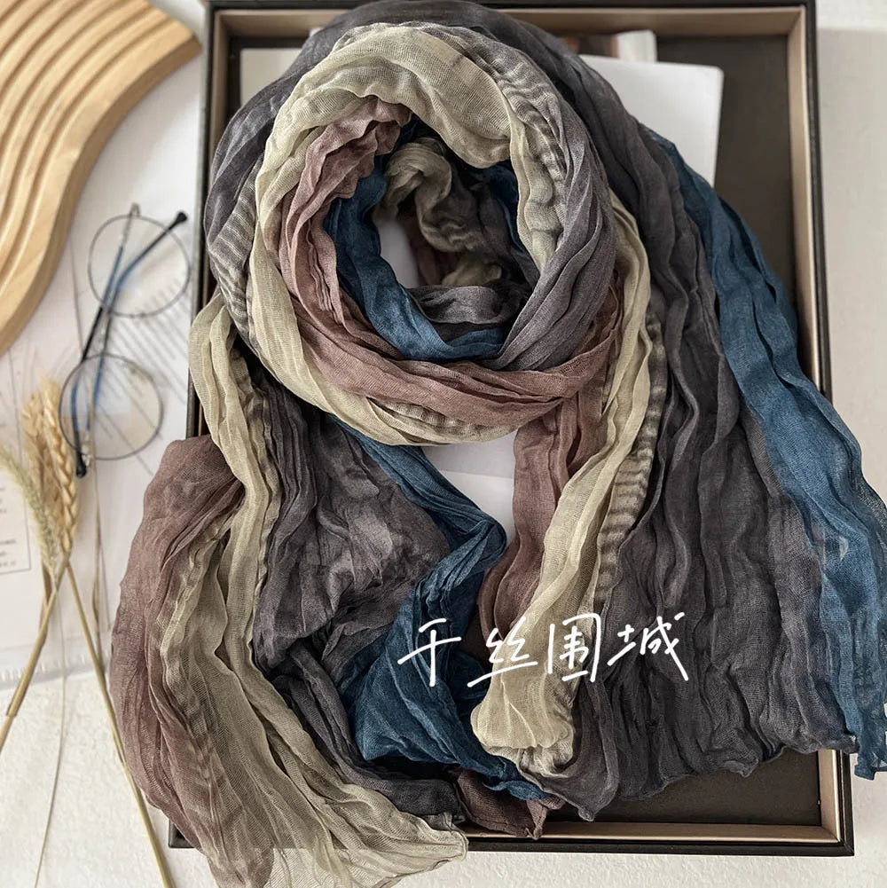 Gradient Crinkled Long Scarf with Rectangular Wrap Shape