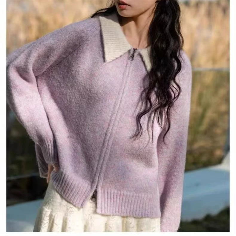 Color-blocked lapel 100% cashmere cardigan women's knitted sweater Loose sweater Wool sweater coat