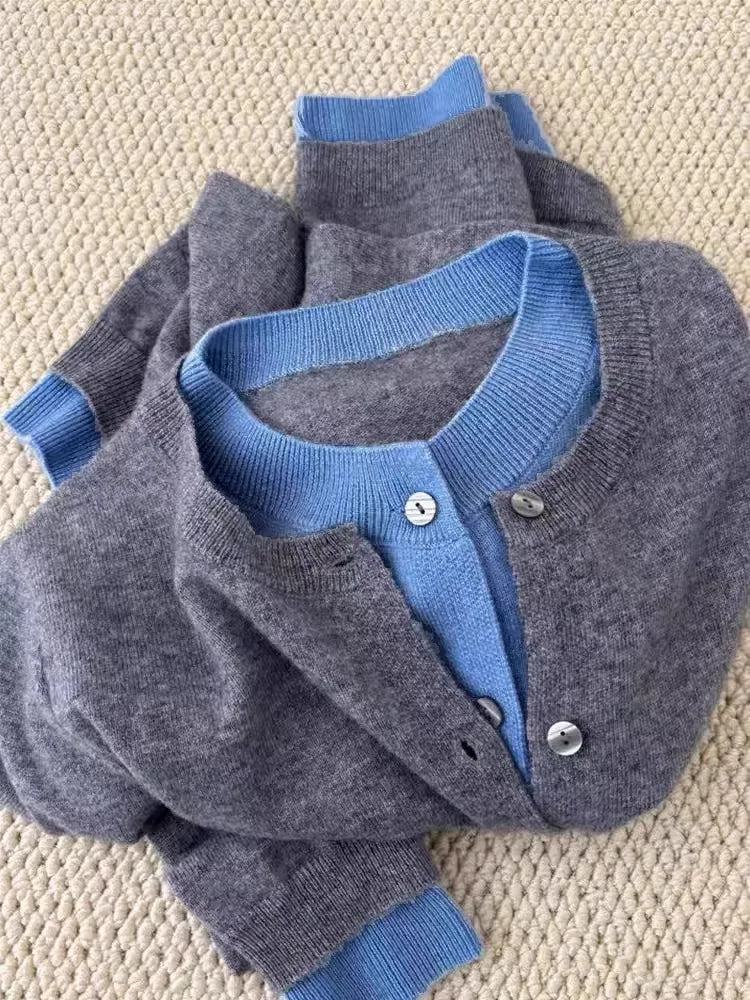 Fake two 100% pure cashmere sweater cardigan dark grey high-grade wool knit coat top