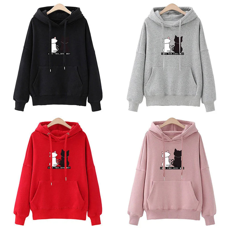 Cat Graphic Long Sleeve Pullover Casual Hoodie for Layering
