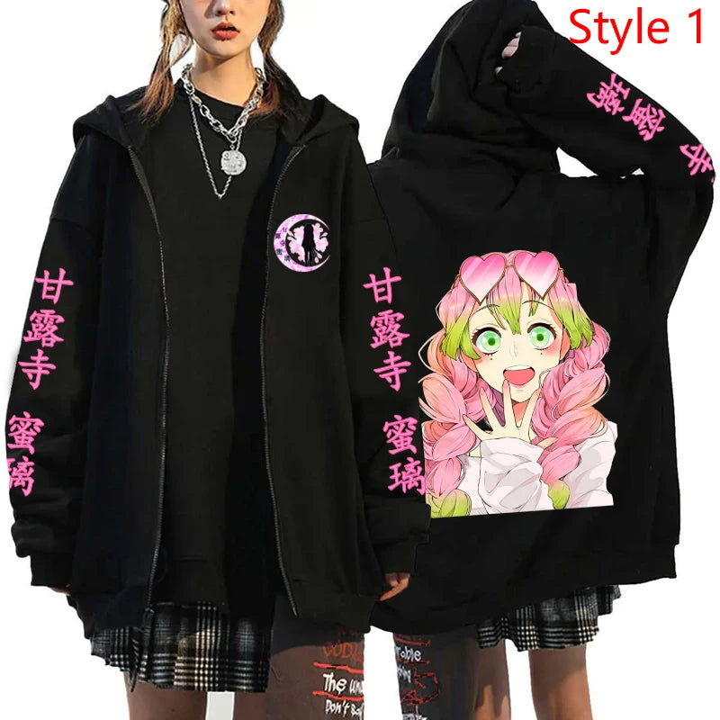 Anime Kanroji Mitsuri Print Hoodie Cartoon Zipper Pullover Long Sleeve Harajuku Sweatshirt