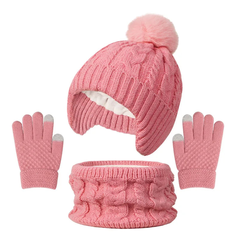 Children's Knitted Beanie Hat Scarf and Gloves Set for Winter Wear