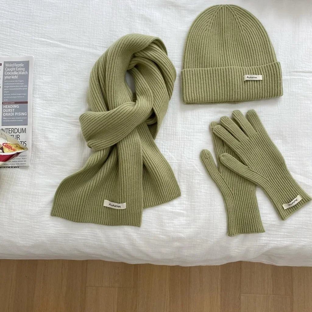 Women's Solid Knitted Hat Scarf and Gloves Set for Winter Wear