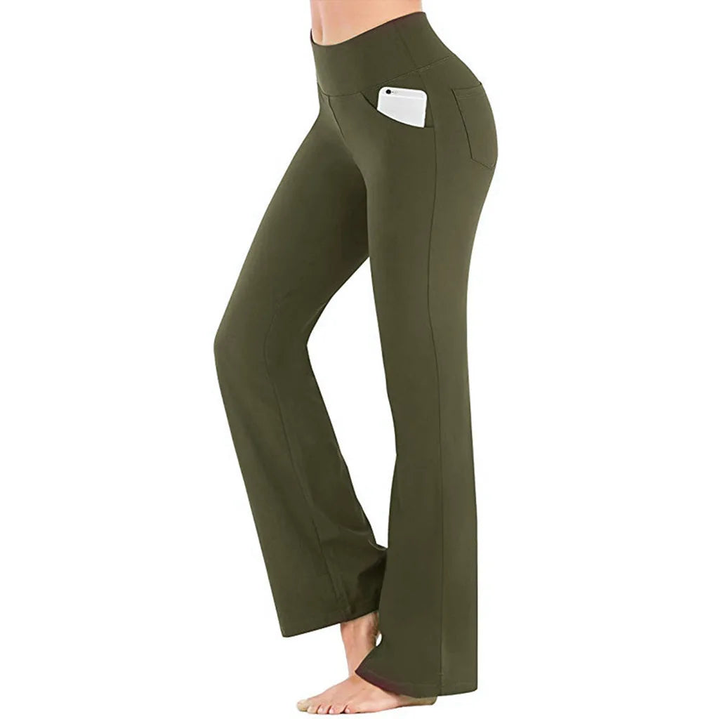 Women's High Waist Polyester Flared Workout Pants with Side Pockets
