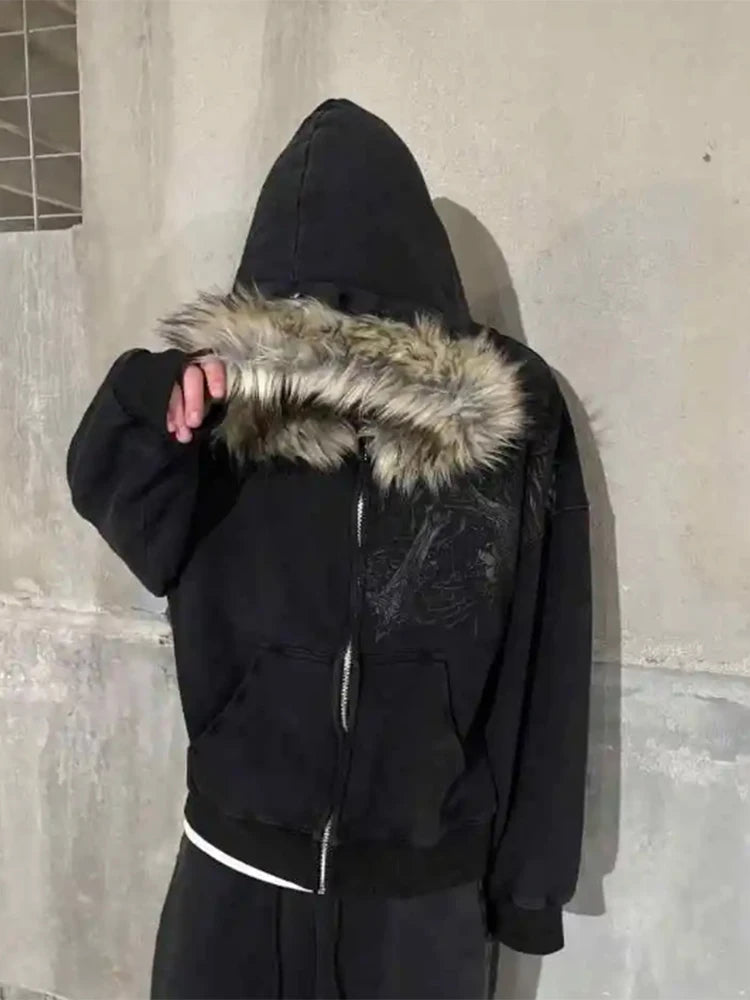 Fluffy Trim Long Sleeve Full Zip Casual Hoodie