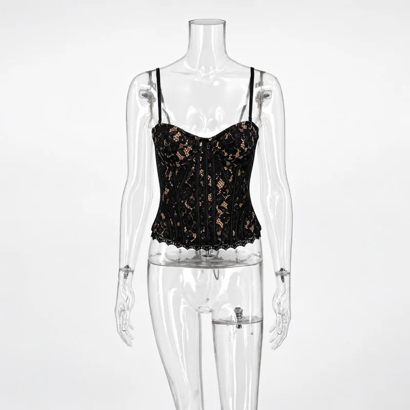 Women's Lace Polyester Bustier Crop Top with Thin Straps and Lace Up Back