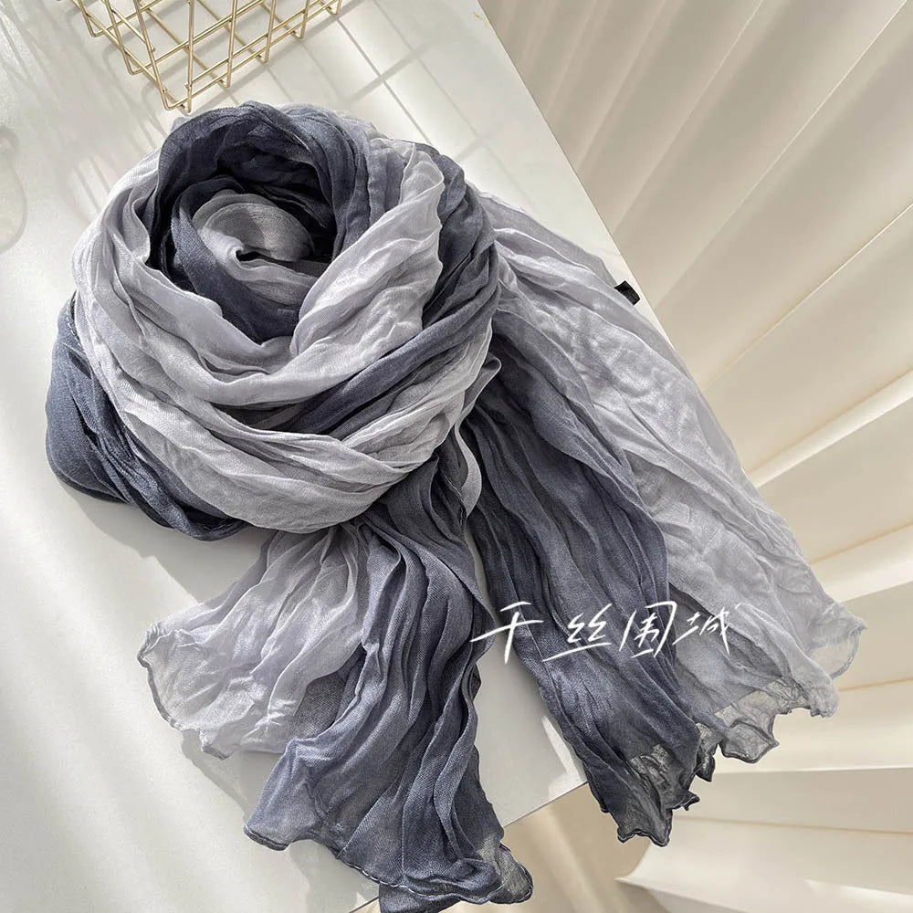 Gradient Crinkled Long Scarf with Rectangular Wrap Shape