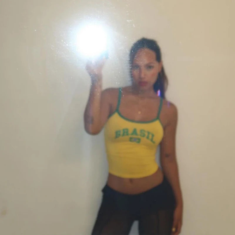 Women's Brasil Letter Print Polyester Camisole with Contrast Trim and Thin Straps