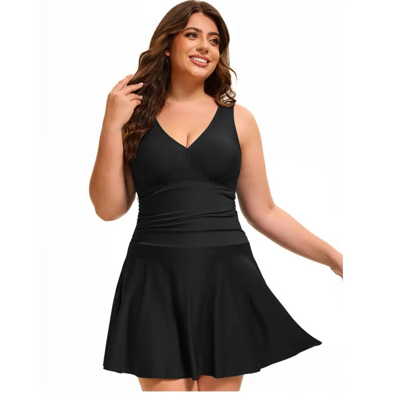 Women's V Neck Ruched Waist Skirted Swimdress Bathing Suit