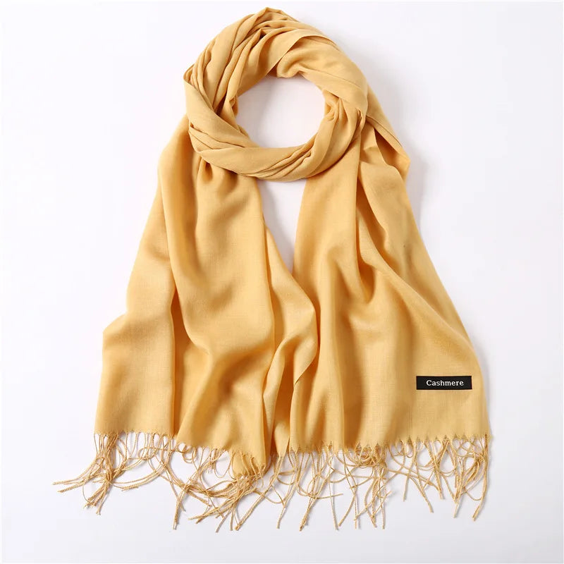 Solid Long Rectangular Scarf with Fringed End Trim