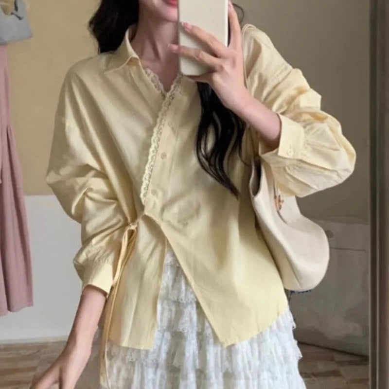 Women's Lace Trim Wrap Blouse with Waist Tie