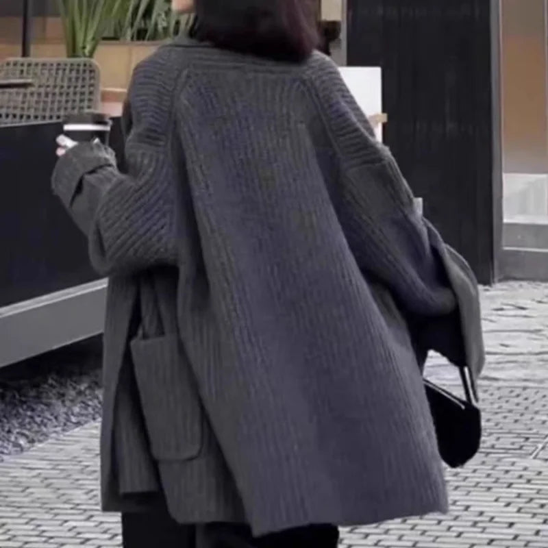 Autumn/Winter Thickened 100% Pure Wool Women's Turn-down Collar Knitted Cardigan Loose Sweater Coat Top Mid-long Length