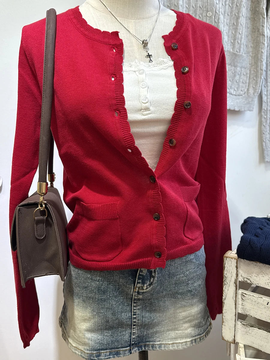 Women's Round Neck Button Front Cardigan Casual Knit Layer