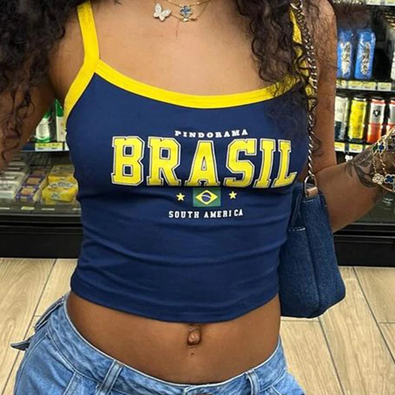Women's Brasil Letter Print Polyester Camisole with Yellow Contrast Trim