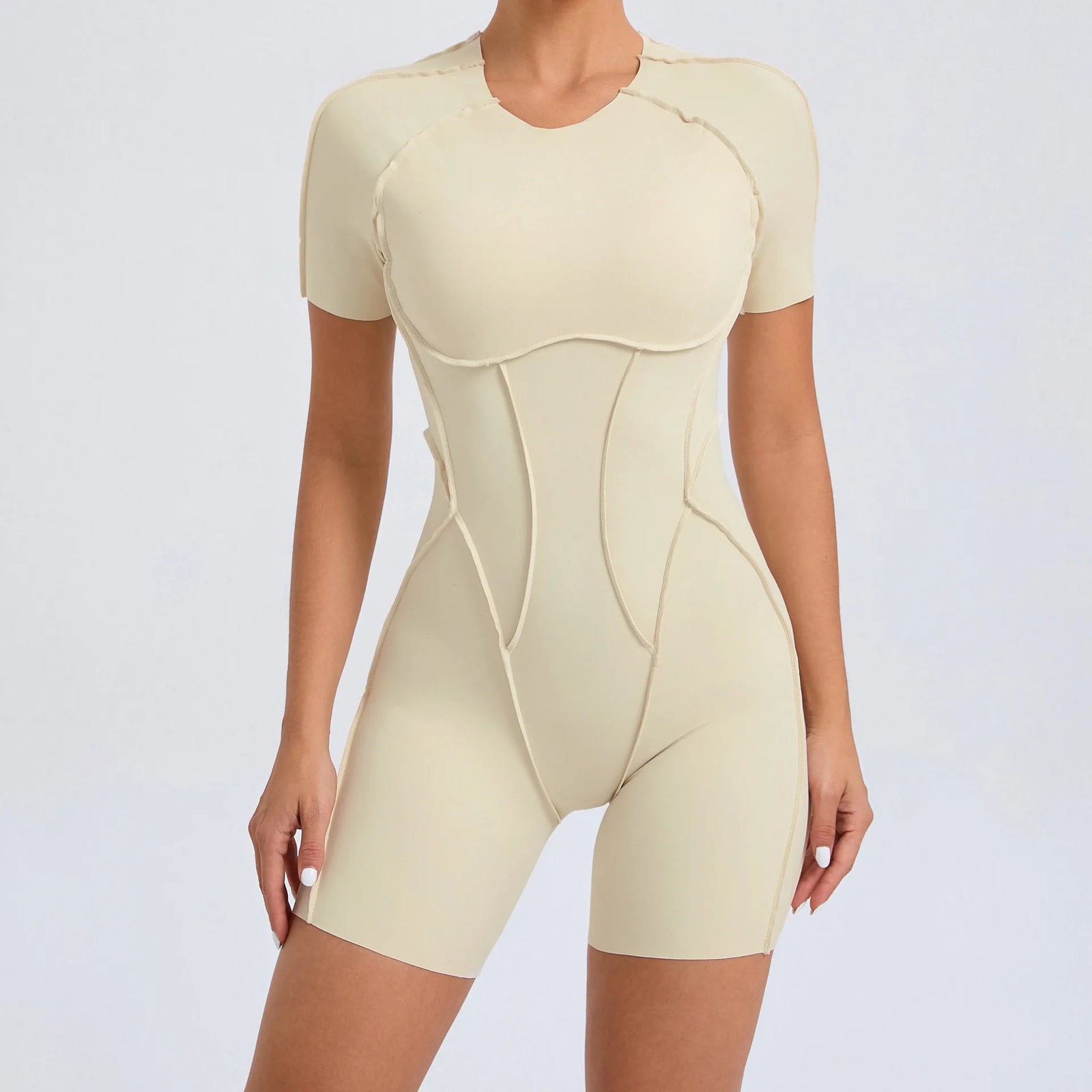 Women's Panelled Short Sleeve Workout Romper with a Rounded Back Cutout