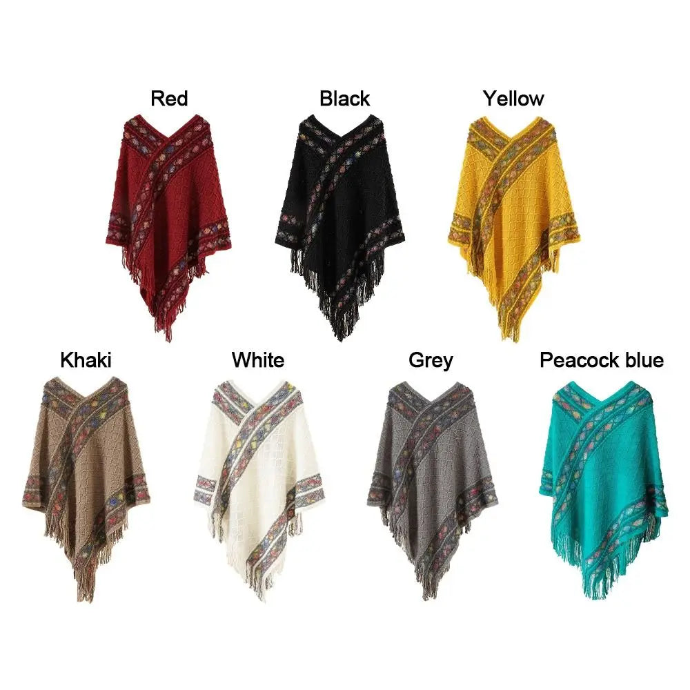 Patterned Fringe Hem Poncho for Layering over Outfits