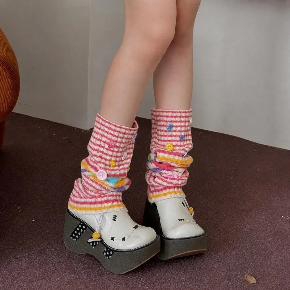 Pastel Striped Knit Leg Warmers with Decorative Floral Details