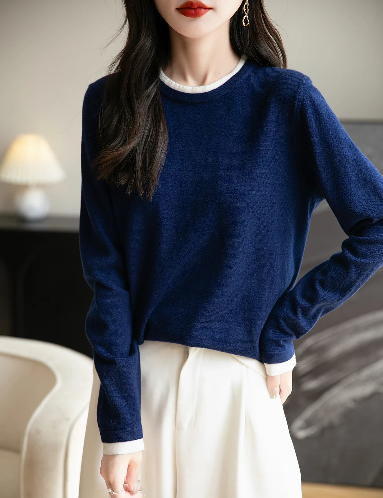 Women's Contrast Trim Crew Neck Sweater Casual Knit Layer