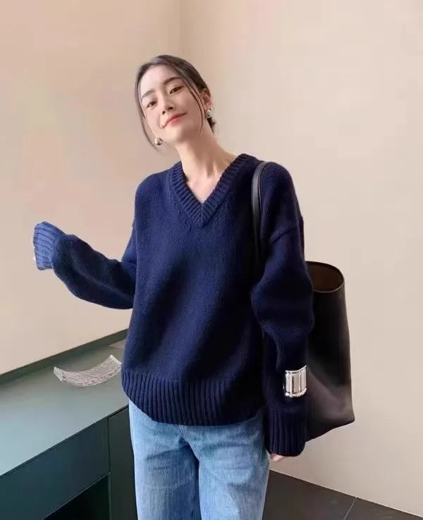 V-neck 100 pure wool sweater for women in autumn and winter, loose and thick sweater, long-sleeved knitted top