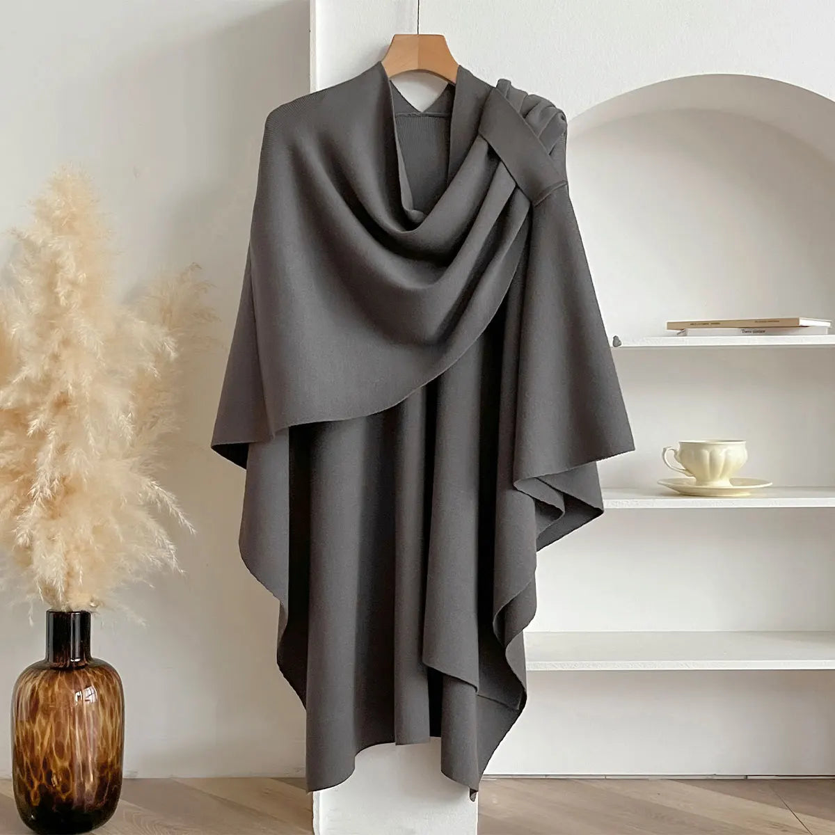 Solid Asymmetric Draped Wrap Scarf for Layering over Outfits