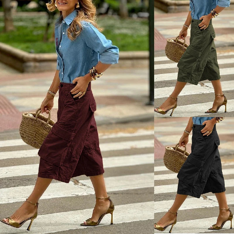 Women's Wide Leg Cropped Cargo Pants with Button Waist and Pockets